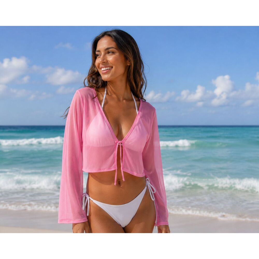 Wild Fable L Neon Pink Sheer Mesh Tie Front Beach Cover Up Crop Top NWT #12